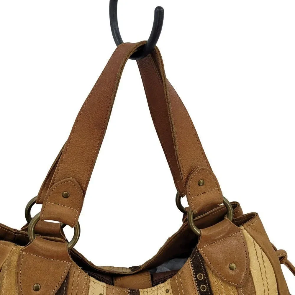 Vintage Fossil Hobo Leather‎ Patchwork Studded Embroidered Shoulder Bag Brown